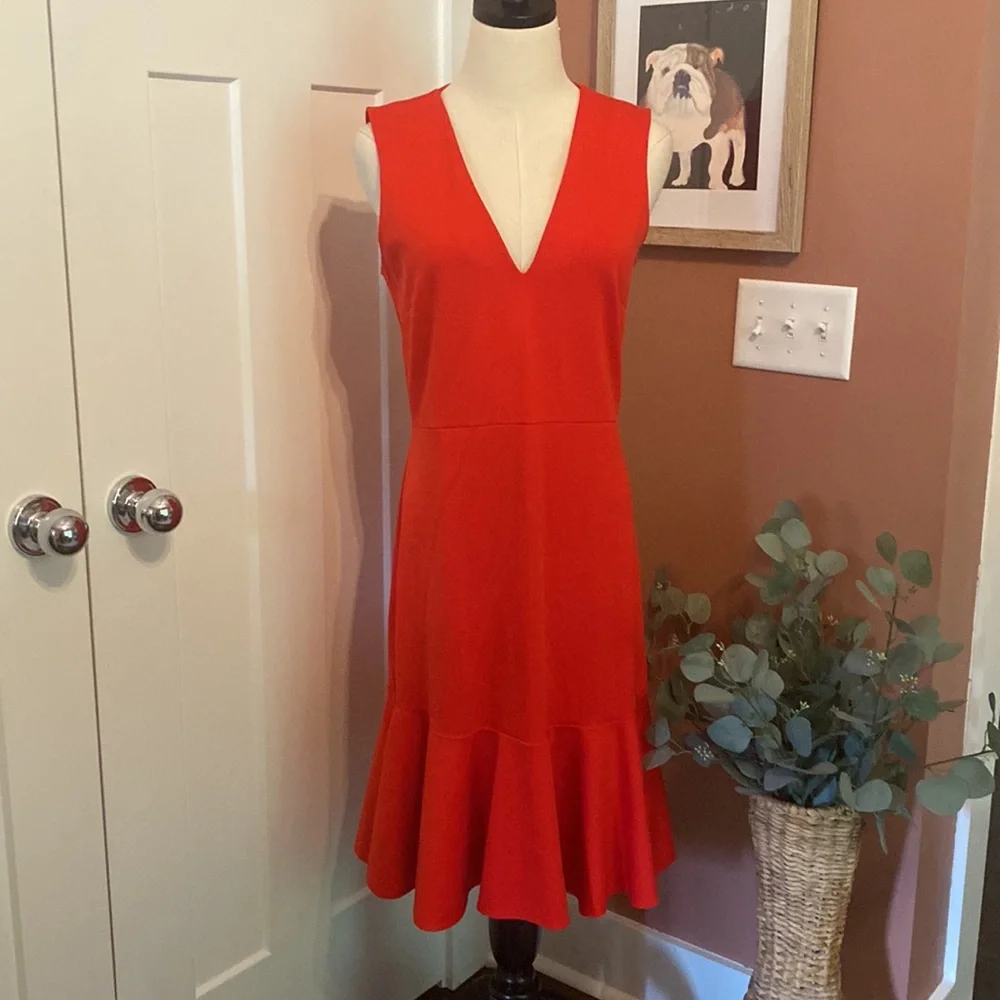 J.Crew 365 Red Stretch Ponte sheath v-neck 8 flare hem sleeveless zipper dress - Picture 2 of 16